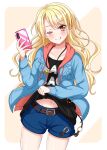  1girl ;q bang_dream! bangs belt black_shirt blonde_hair blush breast_pocket breasts brown_belt brown_eyes cellphone clothes_writing collarbone commentary_request cowboy_shot denim denim_jacket denim_shorts diagonal_stripes eyebrows_visible_through_hair groin hair_between_eyes hand_up highres holding holding_phone hood hood_down hooded_jacket jacket jewelry kirigaya_touko kurauchin_start lifted_by_self long_hair long_sleeves looking_at_viewer midriff_peek navel necklace one_eye_closed open_clothes open_jacket orange_background orange_jacket phone pocket self_shot shirt shirt_lift short_shorts shorts sidelocks small_breasts smartphone smile solo standing striped t-shirt tongue tongue_out two-tone_background white_background 