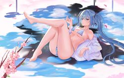  1girl aqua_hair bare_shoulders barefoot bikini blue_bikini blue_eyes blue_hair cherry_blossoms collarbone commentary derby_(dabidabi) eyebrows_visible_through_hair feet hair_between_eyes hatsune_miku long_hair long_sleeves looking_at_viewer lying on_back shirt smile solo striped striped_bikini swimsuit twintails very_long_hair vocaloid white_bikini white_shirt 