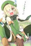  1girl aoi_(princess_connect!) arm_support bangs bare_shoulders beret blush boots commentary_request elf eyebrows_visible_through_hair green_eyes green_footwear green_hair green_headwear green_legwear green_scarf green_shirt green_shorts hair_over_one_eye hat highres knee_boots leaning_back log open_mouth pointy_ears princess_connect! princess_connect!_re:dive ryuki_(ryukisukune) scarf shirt short_shorts shorts sleeveless sleeveless_shirt solo speed_lines striped striped_legwear sweat thigh-highs translation_request trembling vertical-striped_legwear vertical_stripes white_background 