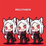  3girls :d animal_ears belt black_belt black_footwear black_gloves black_neckwear black_pants black_vest blush_stickers bright_pupils cat_ears cerberus_(helltaker) chibi collared_shirt copyright_name demon_tail fang gloves head_tilt helltaker highres looking_at_viewer low_ponytail multiple_girls necktie open_mouth pants red_background red_eyes red_shirt shirt shoes simple_background skin_fang smile tail vest white_hair wing_collar yukiyuko 