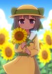  1girl bangs blue_sky blurry blurry_background blush bow brown_dress brown_eyes brown_hair brown_headwear closed_mouth clouds commentary_request dark_skin day depth_of_field dress eyebrows_visible_through_hair field flower flower_field green_bow hat hat_bow highres holding holding_flower long_sleeves naga_u outdoors razzy short_hair sky smile solo summon_night summon_night_swordcraft_story sun_hat sunflower yellow_flower 