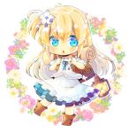  1girl backpack bag bangs blonde_hair blue_eyes blue_flower blush boots brown_footwear chibi commentary_request commission dress eyebrows_visible_through_hair floral_background flower full_body hair_between_eyes hair_flower hair_ornament holding_strap jacket kouu_hiyoyo lantern long_hair looking_at_viewer one_side_up original parted_lips pink_flower puffy_short_sleeves puffy_sleeves red_flower short_sleeves simple_background solo very_long_hair white_background white_dress white_flower white_jacket 