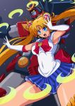  1girl absurdres bishoujo_senshi_sailor_moon blonde_hair blue_eyes blue_skirt crescent_moon crossover gloves great_magami highres mecha moon muteki_choujin_zambot_3 open_mouth sailor_moon sailor_senshi_uniform shouting skirt thighs tsukino_usagi twintails white_gloves yellow_eyes zambot_3 