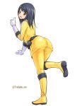 1girl abe_tsukumo ass bodysuit breasts engine_sentai_go-onger gloves go-on_yellow highres long_hair looking_at_viewer no_headwear no_helmet open_mouth rouyama_saki simple_background smile solo super_sentai thumbs_up white_background yellow_bodysuit 