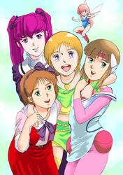  char's_deleted_affair dress elpeo_puru green_eyes gundam gundam_zz haman_karn jewelry long_hair looking_at_viewer medium_hair midriff multiple_girls necklace oldschool open_mouth orange_hair pink_hair purple_hair rx92 short_hair skirt smile standing violet_eyes younger zeta_gundam 