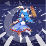  1girl ambiguous_red_liquid animal_ears blue_background blue_dress blue_hair bunny_tail commentary_request crescent crescent_print dress floating frills from_behind full_body holding kine kumamoto_(bbtonhk2) long_hair looking_at_viewer looking_back low_twintails lowres pixel_art rabbit_ears red_eyes seiran_(touhou) short_sleeves smile socks solo sparkle star star_print tail touhou twintails white_legwear 