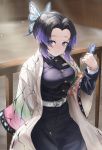  1girl absurdres bangs belt black_hair breasts bug butterfly butterfly_hair_ornament commentary_request gradient_hair hair_ornament haori highres ildy insect japanese_clothes katana kimetsu_no_yaiba kochou_shinobu long_sleeves multicolored_hair parted_bangs purple_hair short_hair smile solo sword violet_eyes weapon white_belt 