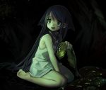  1girl arm_between_legs bare_shoulders barefoot black_hair fang fingernails green_eyes holding long_hair lower_teeth open_mouth ribbon saya saya_no_uta sitting slime solo teeth tongue v1v404 very_long_hair 