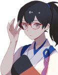  1girl bespectacled black_hair brown_eyes glasses japanese_clothes kaga_(kantai_collection) kantai_collection kasumi_(skchkko) long_hair looking_at_viewer muneate red-framed_eyewear side_ponytail simple_background solo tasuki upper_body white_background 