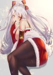  1girl ahoge alternate_costume ass azur_lane bangs bell black_legwear blush breasts christmas commentary dress elbow_gloves finger_to_mouth fur-trimmed_dress fur_trim gloves grey_background hair_between_eyes hair_ribbon highres large_breasts long_hair looking_at_viewer lying multicolored_hair on_side open_mouth pantyhose parted_bangs prinz_eugen_(azur_lane) red_dress red_eyes red_gloves redhead ribbon santa_costume santa_dress sideboob silver_hair simple_background solo sparkle streaked_hair striped striped_ribbon two-tone_hair yami_kyon_oov 