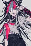  1girl absurdres bangs black_hair black_sailor_collar black_skirt character_name commentary_request danganronpa_(series) danganronpa_2:_goodbye_despair detached_sleeves ear_piercing eyebrows_visible_through_hair fangs green_hair grey_shirt hair_horns hand_up highres jewelry long_hair looking_at_viewer mioda_ibuki mochizuki_kei multicolored_hair neckerchief necklace open_mouth piercing pink_eyes pink_hair pink_neckerchief pleated_skirt redhead sailor_collar school_uniform shirt skirt solo striped_sleeves tongue tongue_out 