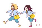  2girls ahoge bag birthday blue_jacket blush brown_hair closed_eyes commentary_request dated flower green_shorts hair_flower hair_ornament hitori_bocchi hitoribocchi_no_marumaru_seikatsu holding_hands jacket katsuwo_(cr66g) light_brown_hair long_hair looking_at_another multiple_girls open_mouth pulling red_footwear school_bag shirt shorts shoulder_bag simple_background smile socks walking white_background white_footwear white_shirt yawara_kai yellow_footwear younger |d 