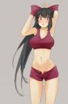  1girl bangs black_hair blush bow breasts eyebrows_visible_through_hair hair_bow highres large_breasts long_hair looking_at_viewer navel noccu noihara_himari omamori_himari ponytail red_bow shorts solo sports_bra very_long_hair violet_eyes 