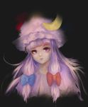 1girl black_background blue_bow bow closed_mouth crescent crescent_hair_ornament eyelashes fjsmu hair_bow hair_ornament hat head_tilt highres lavender_hair lips long_hair looking_at_viewer mob_cap patchouli_knowledge portrait purple_headwear red_bow simple_background solo touhou violet_eyes 