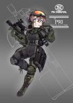  1girl bodysuit boots breasts bullpup camouflage combat_boots combat_knife commentary_request english_text eyebrows_visible_through_hair gloves goggles goggles_on_head grin gun hair_between_eyes headset highres holding holding_gun holding_weapon knee_pads knife looking_at_viewer original p90 pouch ryuun_(stiil) scope sheath sheathed short_hair short_hair_with_long_locks skin_tight smile solo submachine_gun weapon 