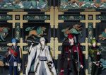  4boys aqua_hair armor cape collared_shirt door gloves green_eyes green_hair grey_eyes hair_over_one_eye highres hood ichigo_hitofuri japanese_armor japanese_clothes katana kikaizunou komainu kote male_focus military military_uniform multiple_boys necktie ookanehira_(touken_ranbu) partly_fingerless_gloves pom_pom_(clothes) redhead shirt shoulder_armor single_glove smile sode sword touken_ranbu tsurumaru_kuninaga uguisumaru uniform weapon white_gloves white_hair yellow_eyes 