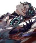  1boy ahoge aqua_hair armor bead_necklace beads black_hair blood blood_on_clothes blood_on_face facial_mark forehead_mark genshin_impact gloves highres injury jewelry lying male_focus multicolored_hair necklace on_back parted_lips shiraishi_(siraisi00) simple_background solo spikes tassel tears upper_body white_background xiao_(genshin_impact) yellow_eyes 