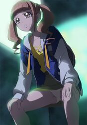  1girl backpack bag brown_eyes brown_hair green_skirt hands_on_own_knees haruyama_kazunori healin&#039;_good_precure hiramitsu_hinata jacket long_sleeves panties pantyshot precure shirt short_hair skirt solo tired twintails underwear white_panties yellow_shirt 