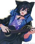  1boy animal_hood black_hair black_nails collar collarbone commentary_request guitar hair_between_eyes hand_print holding holding_instrument holostars hood hood_up hoodie instrument kanade_izuru looking_at_viewer male_focus music nail_polish nyokkiiiiin o-ring open_mouth playing_instrument singing solo spiked_collar spikes standing translation_request upper_body violet_eyes virtual_youtuber white_background 