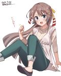  1girl :d alternate_costume black_footwear blue_eyes brown_hair casual clenched_hand dated foot_out_of_frame green_pants hair_ribbon highres kantai_collection kazagumo_(kantai_collection) long_hair looking_at_viewer meguru_(megurunn) open_mouth pants ponytail pumps ribbed_sweater ribbon simple_background sitting smile solo sweater twitter_username white_background white_sweater 