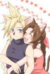  1boy 1girl aerith_gainsborough animal_ears blonde_hair blue_eyes blush brown_hair cat_day cat_ears child cloud_strife final_fantasy final_fantasy_vii hug hug_from_behind open_mouth paw_print smile spiky_hair younger 