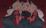  3girls :d animal_ears ass bangs blush breasts cerberus_(helltaker) demon_tail dog_ears fang fataaa glowing glowing_eyes heart helltaker highres long_hair looking_at_viewer multiple_girls open_mouth parted_bangs red_background red_eyes silver_hair simple_background smile tail vest 