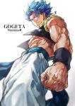  1boy abs blue_eyes blue_hair character_name clenched_hand clenched_hands copyright_name dougi dragon_ball dragon_ball_super dragon_ball_super_broly fusion gogeta looking_at_viewer male_focus metamoran_vest muscle pants short_hair simple_background sinsin12121 smile smirk solo spiky_hair super_saiyan super_saiyan_blue waistcoat wristband 