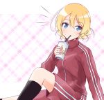 1girl bad_id bad_twitter_id bangs black_legwear blonde_hair blue_eyes braid commentary cup darjeeling_(girls_und_panzer) disposable_cup double_vertical_stripe drinking drinking_straw eyebrows_visible_through_hair girls_und_panzer gym_shorts gym_uniform holding holding_cup jacket letterboxed logo long_sleeves looking_at_viewer notice_lines pink_background plaid plaid_background red_jacket red_shorts short_hair shorts sitting socks solo tied_hair track_jacket twin_braids vri_(tinder_box) wcdonalds 
