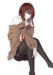  1girl absurdres bangs belt belt_buckle black_legwear blue_eyes breast_pocket brown_hair buckle closed_mouth collared_shirt commentary_request eyebrows_visible_through_hair hair_between_eyes highres jacket knees_up legwear_under_shorts long_hair looking_at_viewer makise_kurisu necktie no_shoes off-shoulder_jacket open_clothes open_jacket pantyhose pocket red_neckwear sheep76 shirt shorts simple_background sitting solo steins;gate white_background 