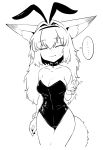  ... 1girl animal_ear_fluff animal_ears breasts bunny_girl closed_eyes collarbone commentary_request cowboy_shot eyebrows_visible_through_hair fake_animal_ears fang fox_ears fox_girl fox_shadow_puppet fox_tail greyscale hair_between_eyes highres large_breasts long_hair monochrome original rabbit_ears sakifox smile solo spoken_ellipsis sweatdrop tail wrist_cuffs 