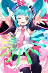  1girl :d absurdres ahoge bangs blue_eyes blue_hair blush collared_shirt crystal detached_sleeves gradient_hair hair_ornament hatsune_miku heart heart_hair_ornament highres koyubisennti long_hair long_sleeves melt_(vocaloid) multicolored_hair nail_polish necktie one_eye_closed open_mouth outstretched_arms pink_hair pleated_skirt power_symbol rainbow_gradient reaching_towards_viewer scissors_hair_ornament shirt skirt sleeveless sleeveless_shirt smile solo symbol-shaped_pupils tearing_up thigh-highs twintails two-tone_hair very_long_hair vocaloid 