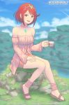  1girl :d alternate_costume bangs bare_shoulders breasts cup day dress earrings holding holding_cup pyra_(xenoblade) jewelry long_sleeves looking_at_viewer marfrey medium_breasts off-shoulder_dress off_shoulder open_mouth outdoors pink_dress red_eyes redhead sandals short_dress short_hair sitting sitting_on_rock smile solo swept_bangs tiara xenoblade_(series) xenoblade_2 