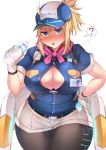  1girl 207loz ? absurdres ahoge alternate_costume artoria_pendragon_(all) baseball_cap black_legwear blonde_hair blue_eyes blue_shirt bottle breast_pocket breasts cowboy_shot fate/grand_order fate_(series) gloves hair_through_headwear hat highres holding holding_bottle id_card large_breasts mysterious_heroine_xx_(foreigner) pantyhose partially_unbuttoned pocket ponytail shirt short_shorts short_sleeves shorts simple_background solo standing sweat water_bottle white_background white_gloves white_headwear white_shorts 