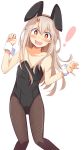  ! 1girl alternate_costume animal_ears bangs bare_shoulders black_legwear blonde_hair blush bunnysuit chata_maru_(irori_sabou) collarbone commentary_request eyebrows_visible_through_hair fake_animal_ears fate/grand_order fate_(series) flat_chest hair_between_eyes highres illyasviel_von_einzbern long_hair looking_at_viewer open_mouth pantyhose rabbit_ears red_eyes simple_background solo white_background wrist_cuffs 