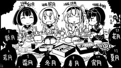  6+girls ahoge akizuki_(kantai_collection) bodysuit braid cape chopsticks chou-10cm-hou-chan chou-10cm-hou-chan_(hatsuzuki&#039;s) chou-10cm-hou-chan_(suzutsuki&#039;s) chou-10cm-hou-chan_(teruzuki&#039;s) commentary_request corset food hachimaki hair_flaps hair_ornament hairband hatsuzuki_(kantai_collection) headband highres holding holding_chopsticks kantai_collection long_hair miniskirt monochrome multiple_girls neckerchief obentou one_side_up onigiri picnic pleated_skirt ponytail propeller_hair_ornament sakazaki_freddy school_uniform serafuku short_hair skirt suzutsuki_(kantai_collection) teruzuki_(kantai_collection) twin_braids 