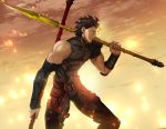  1boy abs aora armor bare_shoulders biceps black_hair chest clouds cloudy_sky covered_abs covered_navel diarmuid_ua_duibhne_(fate/grand_order) embers fate/zero fate_(series) fighting_stance from_side gae_buidhe gae_dearg glowing hair_between_eyes holding holding_weapon lancer_(fate/zero) leather looking_to_the_side male_focus mole mole_under_eye muscle polearm sky sleeveless solo spear spiky_hair thighs tight toned toned_male upper_body weapon yellow_eyes 