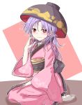  1girl absurdres alternate_hair_length alternate_hairstyle bowl bowl_hat commentary_request hat highres japanese_clothes kimono light_smile looking_at_viewer obi oshiaki partial_commentary pink_kimono purple_hair red_eyes sash seiza sitting solo sukuna_shinmyoumaru tabi touhou wide_sleeves 