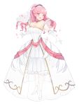  1girl absurdres artist_name bride bride_(fire_emblem) dress earrings fire_emblem fire_emblem:_three_houses full_body gloves high_heels highres hilda_valentine_goneril inkanii jewelry long_hair open_mouth petals pink_eyes pink_hair ponytail see-through simple_background solo wedding_dress white_background white_dress white_gloves 