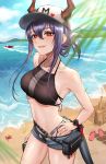  1girl arknights bangs bare_arms bare_shoulders baseball_cap beach belt bikini black_bikini blue_sky blush breasts ch&#039;en_(arknights) clouds commentary cowboy_shot crab day dragon_horns dragon_tail eyebrows_visible_through_hair grey_shorts hair_between_eyes halterneck hand_on_hip hat heart highres horns horns_through_headwear kurisustinah long_hair looking_at_viewer medium_breasts nail_polish navel ocean outdoors parted_lips pink_lips pink_nails pouch purple_hair red_eyes sand_castle sand_sculpture short_shorts shorts sidelocks sky smile solo standing stomach swimsuit tail thighs tied_hair watch watch water 