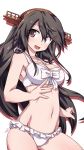  1girl 547th_sy absurdres bikini black_hair breasts brown_eyes collarbone contrapposto cowboy_shot dated frilled_bikini frills hairband haruna_(kantai_collection) headgear highres kantai_collection long_hair medium_breasts navel simple_background smile solo swimsuit twitter_username white_background white_bikini 