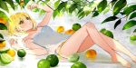  1girl blonde_hair bottle camisole feet food fruit green_eyes highres holding idolmaster idolmaster_cinderella_girls leaf lemon lime_(fruit) looking_up lying miyamoto_frederica on_back open_mouth panties perfume_bottle plant short_hair solo strap_slip underwear water yellow_panties yuu_(higashi_no_penguin) 