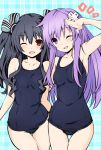  2girls bare_shoulders black_hair blush breasts competition_school_swimsuit d-pad d-pad_hair_ornament hair_between_eyes hair_ornament iwasi-r long_hair looking_at_viewer multiple_girls nepgear neptune_(series) one-piece_swimsuit one_eye_closed open_mouth purple_hair red_eyes salute sidelocks small_breasts swimsuit uni_(neptune_series) very_long_hair violet_eyes 