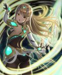  1girl armor ass back bangs bare_shoulders blonde_hair breasts commentary_request dress earrings elbow_gloves gem gloves glowing headpiece highres mythra_(xenoblade) holding holding_sword holding_weapon jewelry large_breasts long_hair looking_at_viewer looking_back nemunemu_semi night panties pantyhose pantyshot pose shoulder_armor sky solo star star_(sky) starry_sky super_smash_bros. swept_bangs sword tiara underwear very_long_hair weapon white_dress xenoblade_(series) xenoblade_2 yellow_eyes 