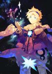  1boy absurdres blonde_hair blue_eyes c-i fate/grand_order fate/requiem fate_(series) fur-trimmed_jacket fur_trim gloves goggles goggles_on_head highres jacket leather leather_jacket male_focus sky space star_(sky) starry_sky voyager_(fate/requiem) 