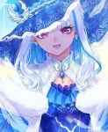  1girl :d bangs blue_hair blue_headwear blue_theme blunt_bangs breasts capelet collarbone colored_inner_hair dededeteiu earrings frills fur_trim gem hat hat_over_one_eye hat_ribbon highlights highres jewelry lize_helesta long_hair looking_at_viewer multicolored_hair nijisanji open_mouth pendant ribbon smile solo two-tone_hair upper_body violet_eyes virtual_youtuber white_capelet white_hair 