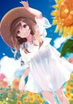  1girl :d arm_up bangs blurry blurry_background blush brown_eyes brown_hair brown_headwear commentary_request day depth_of_field dress eyebrows_visible_through_hair field flower flower_field hand_on_headwear highres idolmaster idolmaster_shiny_colors long_hair looking_at_viewer open_mouth outdoors puffy_short_sleeves puffy_sleeves rin2008 see-through see-through_silhouette see-through_sleeves short_sleeves smile solo sunflower tsukioka_kogane white_dress yellow_flower 