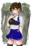  1girl black_legwear blue_skirt blurry blush brown_eyes brown_hair c-da cowboy_shot depth_of_field hair_between_eyes hakama hakama_skirt highres hip_vent japanese_clothes kaga_(kantai_collection) kantai_collection long_hair looking_at_viewer miniskirt muneate outdoors short_sidetail short_sleeves side_ponytail skirt solo standing thigh-highs thighs tree 