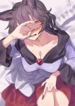  1girl absurdres animal_ears black_hair blurry blush breasts brooch collarbone covering_face depth_of_field embarrassed facing_viewer fingernails gunnjou_yosio highres imaizumi_kagerou jewelry large_breasts lifted_by_self long_fingernails long_hair long_sleeves parted_lips red_nails red_skirt skirt skirt_lift solo sweat touhou wide_sleeves wolf_ears 