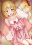  1girl :d babydoll bangs blonde_hair blush bow commentary_request eyebrows_visible_through_hair feet_out_of_frame frilled_panties frilled_pillow frilled_sleeves frills green_eyes hair_between_eyes highres idolmaster idolmaster_cinderella_girls karu_(qqqtyann) nightgown open_mouth panties pillow red_bow sakurai_momoka see-through smile solo underwear underwear_only upper_teeth white_panties 