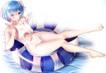  1girl absurdres blue_eyes blue_hair breasts casual_one-piece_swimsuit hair_ornament hair_over_one_eye hair_ribbon highres huge_filesize innertube large_breasts looking_at_viewer navel_cutout one-piece_swimsuit pink_ribbon re:zero_kara_hajimeru_isekai_seikatsu rem_(re:zero) ribbon short_hair solo swimsuit vitaminechan water white_swimsuit x_hair_ornament 